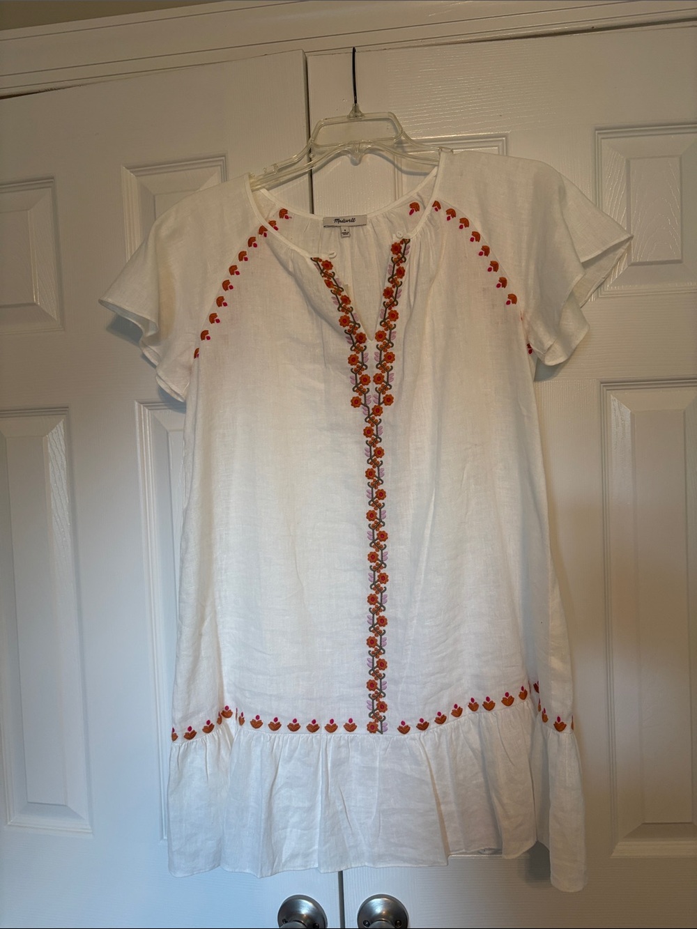 Madewell White Embroidered Peasant Top with Orange Accents